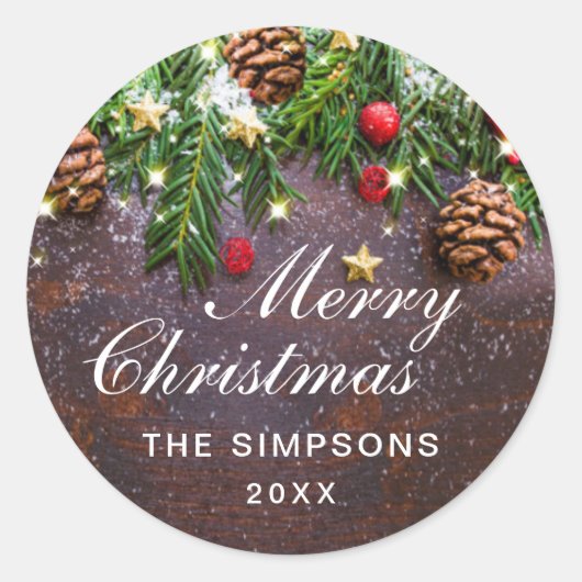 Dennenappels Tak Rustieke Prettig Kerstfeest Vakan Ronde Sticker (Voorkant)
