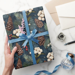 Dennenappels Takken Blauw Wit Bruin Kerst Patroon Cadeaupapier