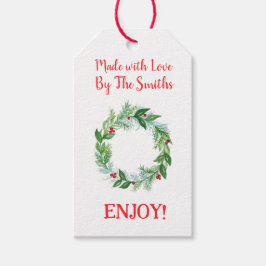 Dennenbes-waterverf Kerstkrans GEMAAKT MET LIEFDE Cadeaulabel