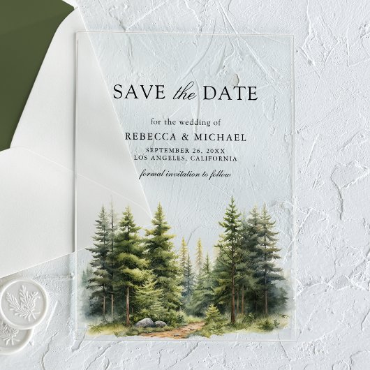 Dennenbomen Bos Bruiloft Save the Date Acryl Uitnodigingen