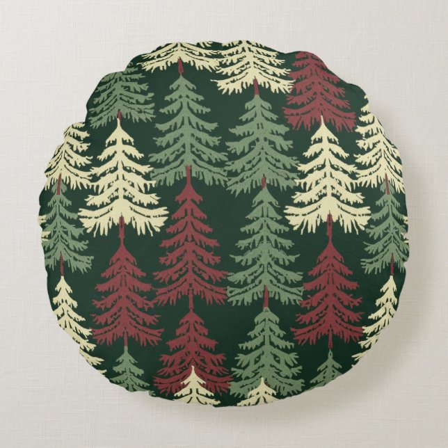 Dennenbomen Rood Groen  Rond Kussen (Voorkant)