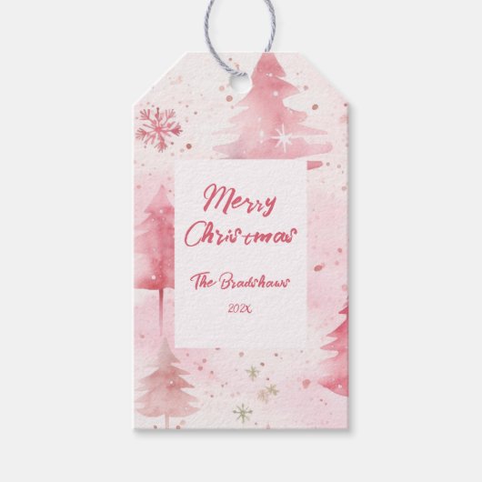 Dennenbomen Roze Kerstmis Cadeaulabel (Voorkant)