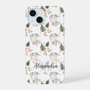 Dennenbomen, warme chocolade, schaatsen, cupcakes iPhone 15 case