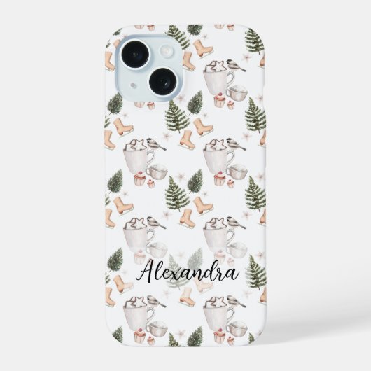 Dennenbomen, warme chocolade, schaatsen, cupcakes iPhone 15 case (Achterkant)