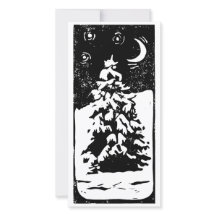 Dennenboom in besneeuwd landschap lino-afdruk