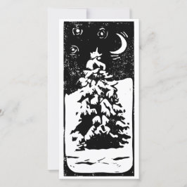 Dennenboom in besneeuwd landschap Lino-afdruk Feestdagenkaart