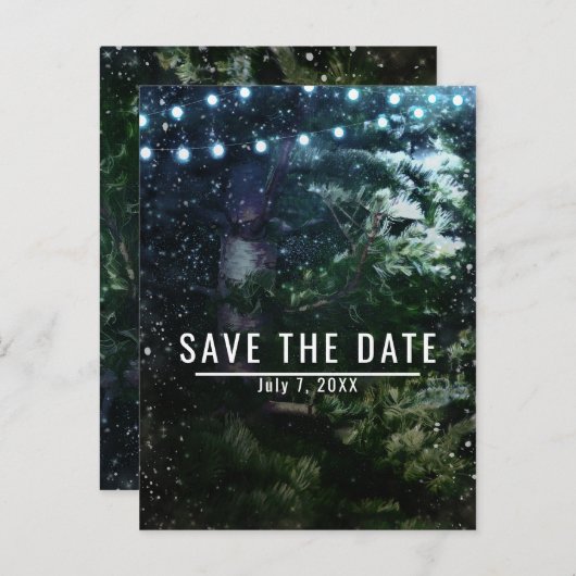 Dennenboom & Lichtjes Winter Huwelijk Save the Dat Aankondigingskaart (Voorkant / Achterkant)