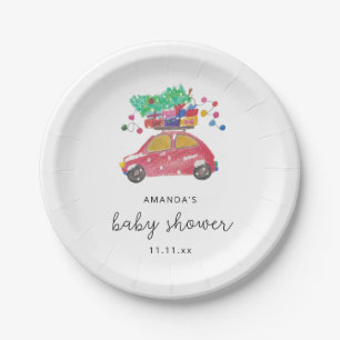 Dennenboom op rode auto Baby shower Papieren Bordje