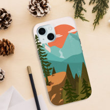 Dennenbos, bergen en zonsopgang