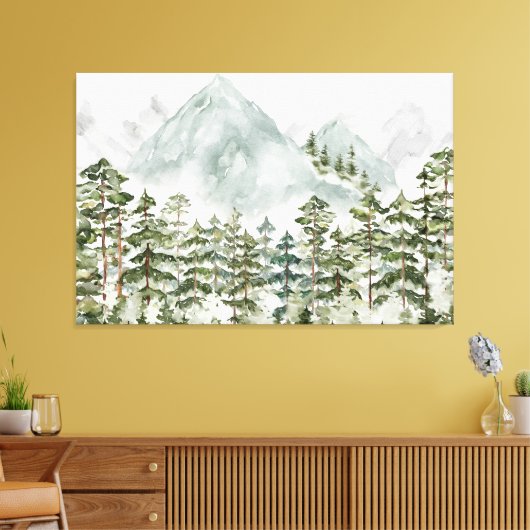 Dennenbos en bergen canvas afdruk (Insitu (Woonkamer))