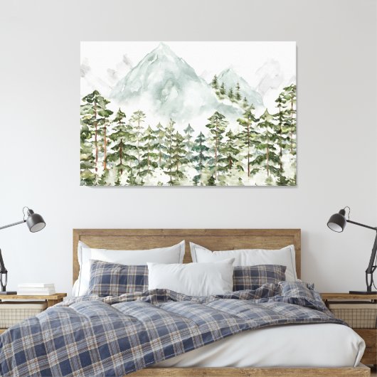 Dennenbos en bergen canvas afdruk (Insitu (Slaapkamer))