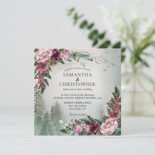 Dennenbos Stof Roos Waterverf Bruiloft Kaart (Staand voorkant)