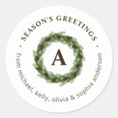 Dennenkrans Monogram Fijne Kerstdagen Ronde Sticker (Voorkant)