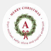 Dennenkrans Monogram Prettig Kerstfeest Ronde Sticker (Voorkant)