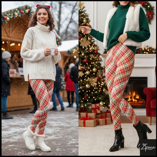 Dense Bright Diagonal Red Holiday Plaid Leggings