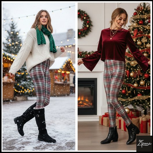 Dense Maroon Black White Tartan Plaid Leggings