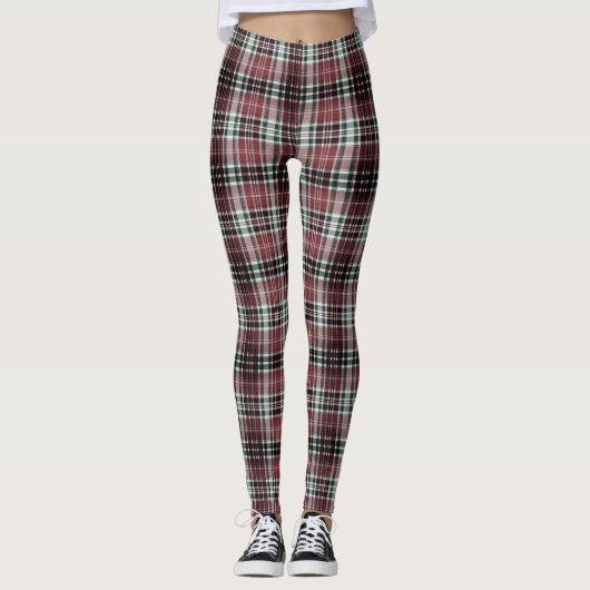 Dense Maroon Black White Tartan Plaid Leggings (Voorkant)