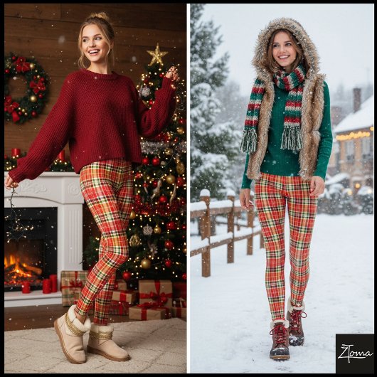 Dense Orange Red Festive Tartan Plaid Leggings