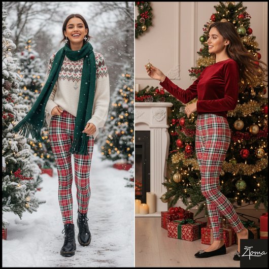 Dense Red Green Christmas Tartan Plaid Leggings