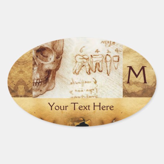 DENTAAL CLINIC, DENTIST MONOGRAM, Antiek perkament Ovale Sticker (Voorkant)