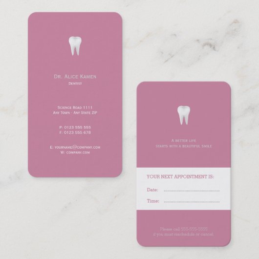 Dental Appointment Card | Roze tandarts Afsprakenkaartje (Voorkant / Achterkant)