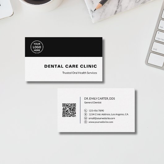 Dental Clinic Dentist Custom Logo QR Code Black Visitekaartje