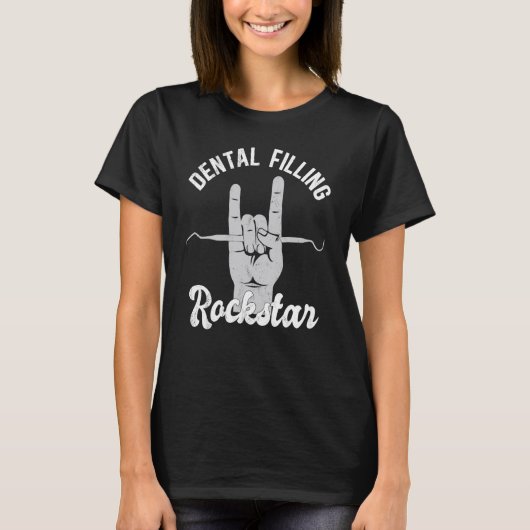 Dental filling rockstar, funny dentist, hand horns t-shirt (Voorkant)