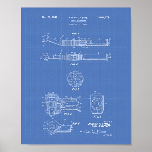 Dental Handstuk 1961 Patent Art Blueprint Poster (Voorkant)