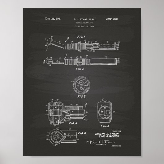 Dental Handstuk 1961 Patent Art Chalkboard Poster (Voorkant)