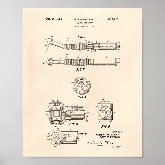 Dental Handstuk 1961 Patent Art Old Peper Poster (Voorkant)