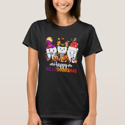 Dental Happy HalloThanksmas gnome tanden Happy Hal T-shirt (Voorkant)