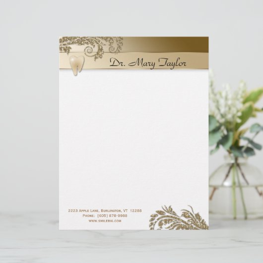 Dental Letterhead Molar Stationery Gold Leaves Persoonlijk Briefhoofd (Staand voorkant)