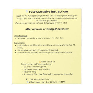  Dental Post Op Instructions (Crown or Bridge) Notitieblok