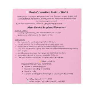  Dental Post Op Instructions Notepad (Implant) Notitieblok