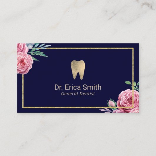 Dentale zorg Moderne marine & Gold Floral Dentist Visitekaartje (Voorkant)