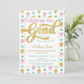 Dentist Afstuderen Hygienist Pink Gold Invitation Kaart (Staand voorkant)