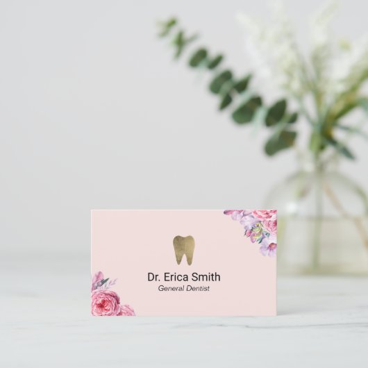 Dentist Blush Pink Floral Gold Tooth tandheelkundi Visitekaartje (Staand voorkant)