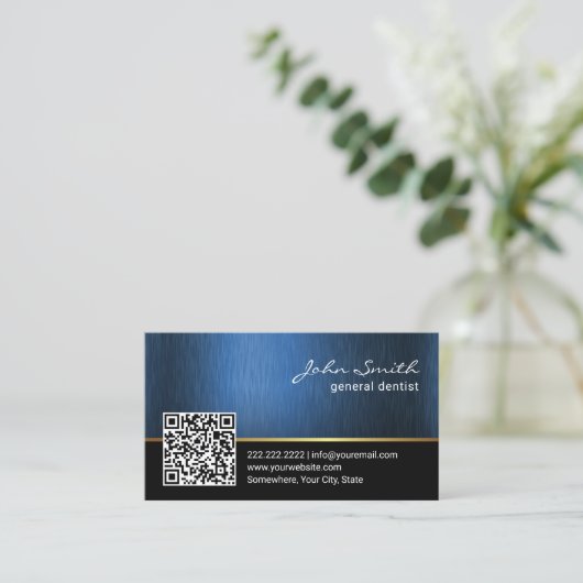 Dentist Dental Care Metallic Navy Blue QR Code Visitekaartje (Staand voorkant)