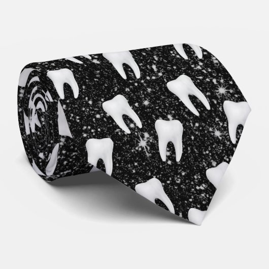 Dentist Dental Tooth Pattern Faux Black Glitter Stropdas (Opgerold)