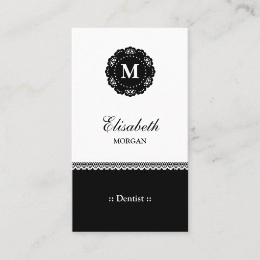 Dentist Elegant Black Lace Monogram Visitekaartje (Voorkant)