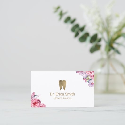 Dentist Elegant Floral Gold Tooth Dental Care Visitekaartje (Staand voorkant)