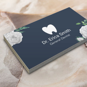 Dentist Elegant White Floral Dental Care Navy Blue Visitekaartje