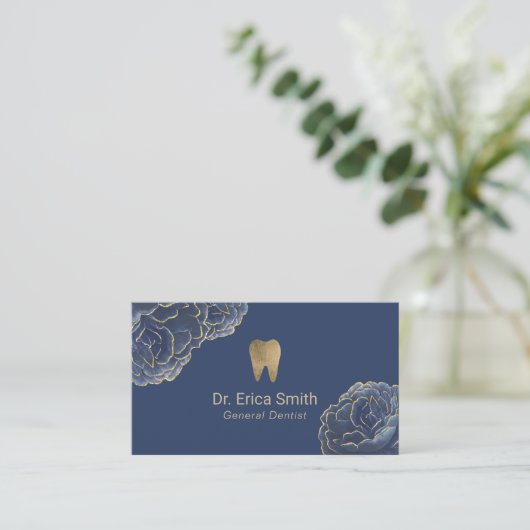 Dentist Gold Tipped Navy Blue Floral Dental Care Visitekaartje (Staand voorkant)