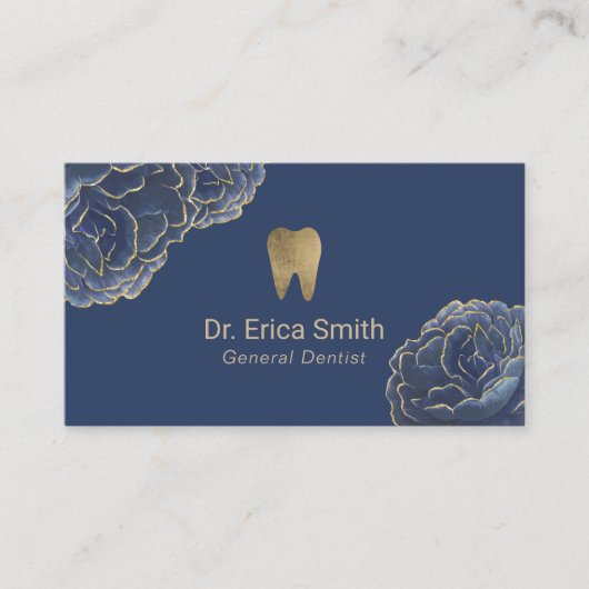 Dentist Gold Tipped Navy Blue Floral Dental Care Visitekaartje (Voorkant)