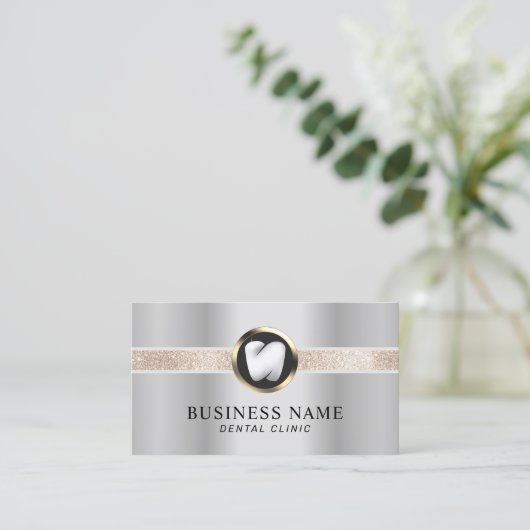 Dentist Modern Tooth Logo Silver Dental Visitekaartje (Staand voorkant)