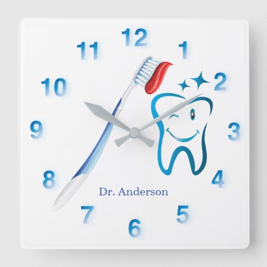 Dentist Monogram Cute Toothbrush Happy Tooth Vierkante Klok (Voorkant)