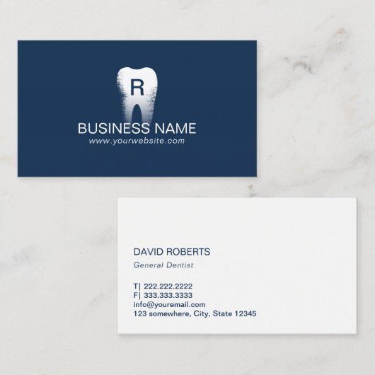 Dentist Monogram Tooth Initiaal Navy Blue Dental Visitekaartje (Voorkant / Achterkant)