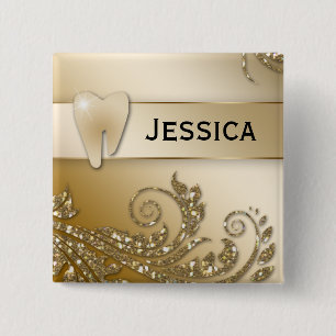 Dentist Name Tag Gold Glitter Tooth Leaves Vierkante Button 5,1 Cm