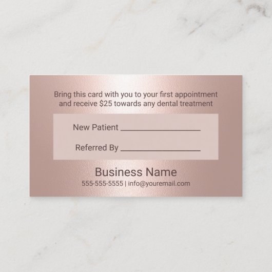 Dentist Smile Modern Roos Gold Dental Reference Aanbevelingskaartje (Achterkant)
