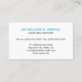 Dentist, tandheelkundig blauw visitekaartje met ta (Achterkant)